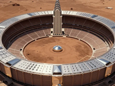 Futuristic Circular Stadium with Skyscraper on Mars