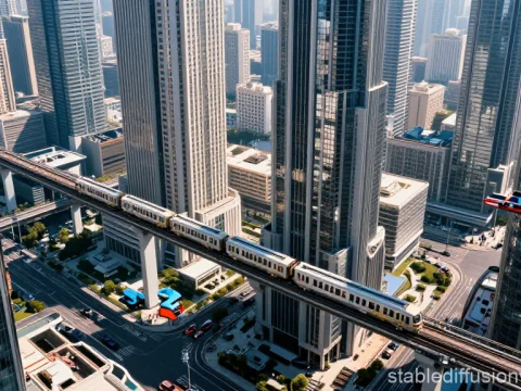 Futuristic City Aerial View with Elevated Train and Flying Vehicle