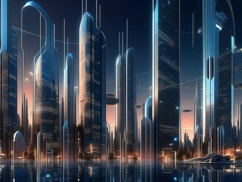 Futuristic City Skyline at Dusk with Reflective Skyscrapers