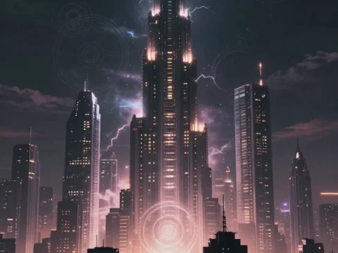 Futuristic City Skyline with Illuminated Tower and Lightning