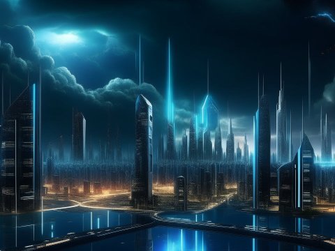 Futuristic City Skyline with Neon Blue Lights