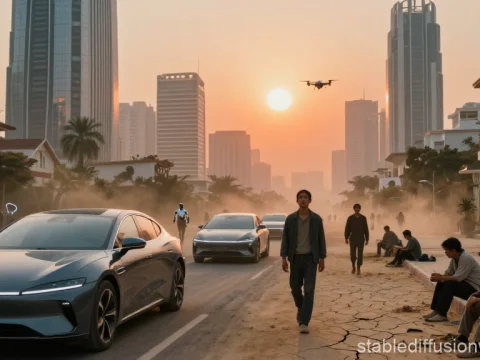 Futuristic City Street at Sunset with Electric Cars and Drone