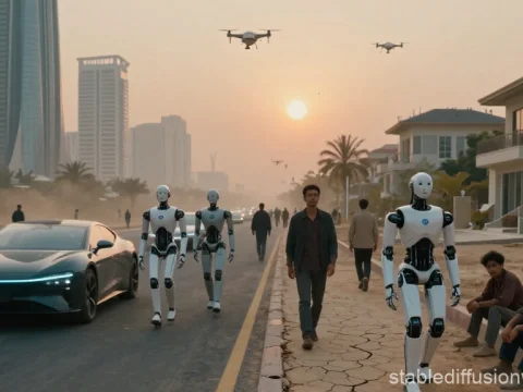 Futuristic City Street with Robots and Drones at Sunset