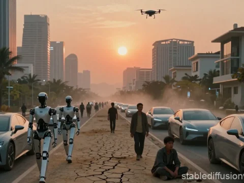 Futuristic City Street with Robots and Electric Cars at Sunset