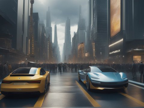Futuristic City Street with Sleek Sports Cars
