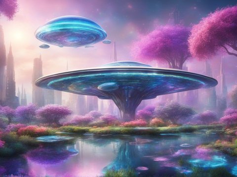 Futuristic City with Floating Structures and Vibrant Flora