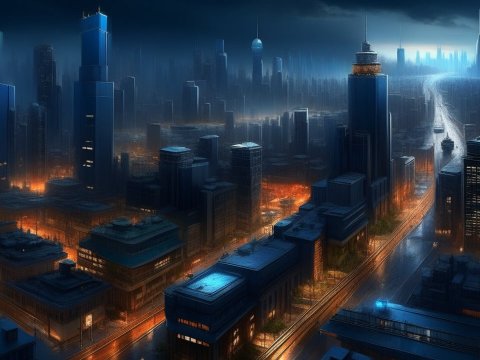 Futuristic Cityscape at Night with Illuminated Skyscrapers