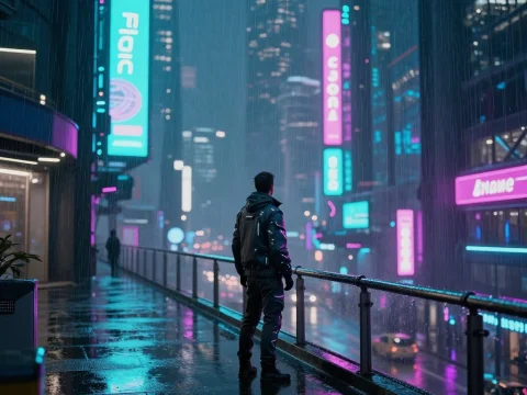 Futuristic Cityscape in Rain with Neon Lights