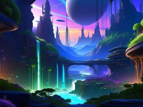 Futuristic Cityscape with Floating Structures and Waterfalls