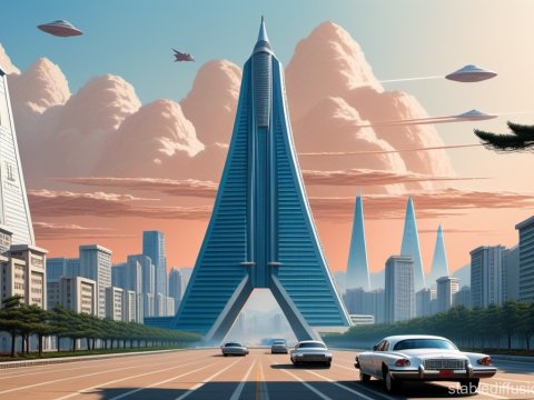 Futuristic Cityscape with Flying Vehicles at Sunset
