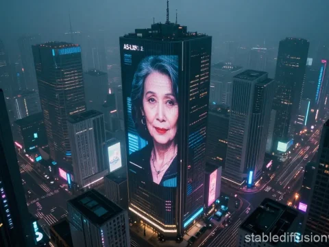 Futuristic Cityscape with Giant Digital Portrait on Skyscraper