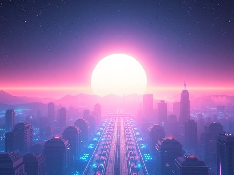 Futuristic Cityscape with Giant Glowing Sun