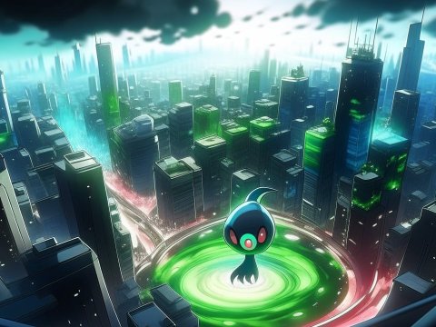 Futuristic Cityscape with Glowing Creature in Neon Pool