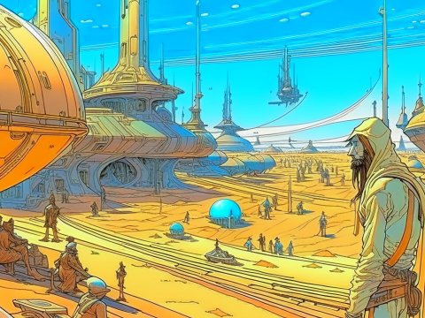 Futuristic Cityscape with Hooded Figure in Desert Environment