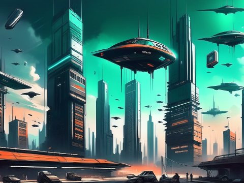 Futuristic Cityscape with Hovering Vehicles