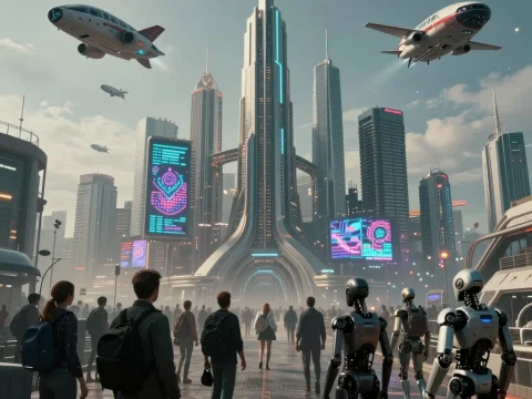 Futuristic Cityscape with Humans and Robots in 3000 AD