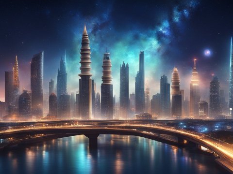 Futuristic Cityscape with Illuminated Skyline and Cosmic Sky