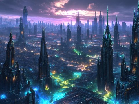 Futuristic Cityscape with Illuminated Spires at Twilight