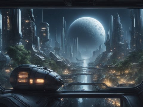 Futuristic Cityscape with Massive Moon in the Sky