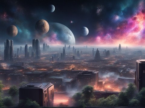 Futuristic Cityscape with Multiple Planets in the Night Sky