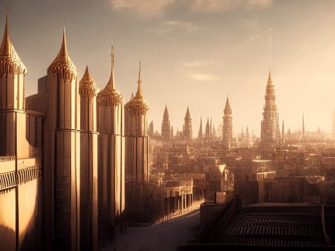 Futuristic Cityscape with Ornate Spires at Sunset