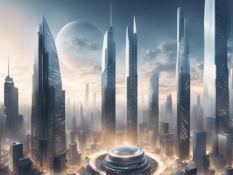 Futuristic Cityscape with Towering Skyscrapers and Distant Planet