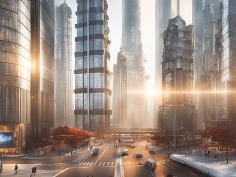 Futuristic Cityscape with Towering Skyscrapers at Sunset