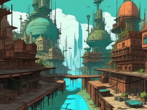 Futuristic Cityscape with Towering Structures and Waterways