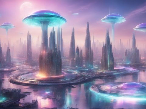 Futuristic Cityscape with Transparent Iridescent UFOs