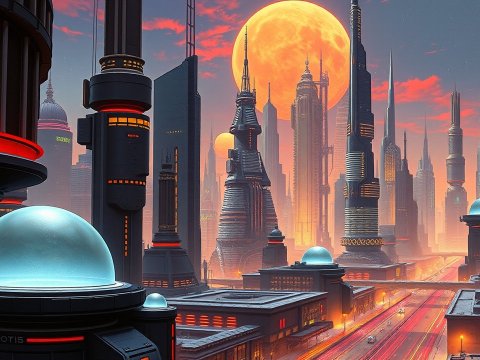 Futuristic Cityscape with Twin Suns at Sunset