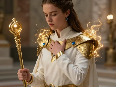 Futuristic Cleric in Golden Armor with Magical Aura