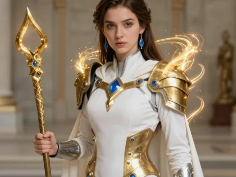 Futuristic Cleric in Golden Armor with Magical Staff