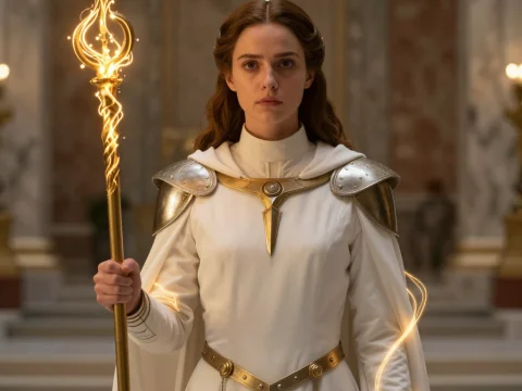 Futuristic Cleric in White and Gold Armor with Glowing Staff