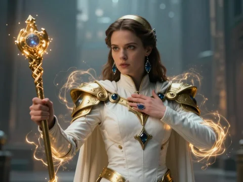 Futuristic Cleric with Magical Staff in Regal Armor