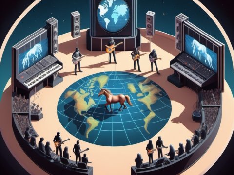 Futuristic Concert on a Planetary Stage with a Horse