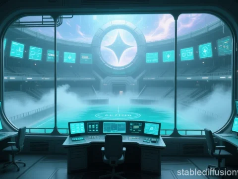 Futuristic Control Room Overlooking a High-Tech Arena