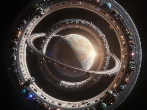 Futuristic Cosmic Rings Orbiting a Planet