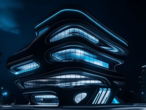 Futuristic Curved Building Illuminated at Night