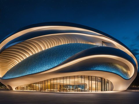 Futuristic Curved Building Illuminated at Night