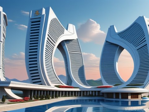 Futuristic Curved Skyscrapers with Reflective Pool