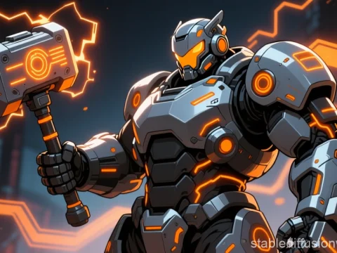 Futuristic Cyber Armor Warrior with Energy Hammer