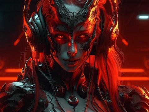 Futuristic Cyber Demon Woman with Headphones in Neon Light