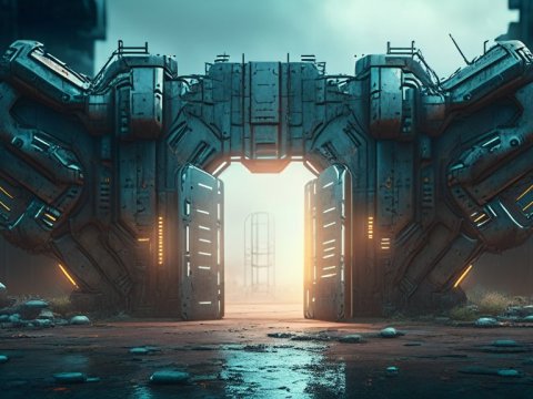 Futuristic Cyber Fort Entrance with Glowing Lights