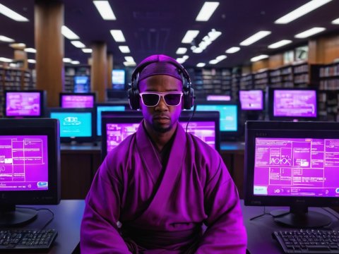 Futuristic Cyber Monk in a Neon-Lit Computer Lab