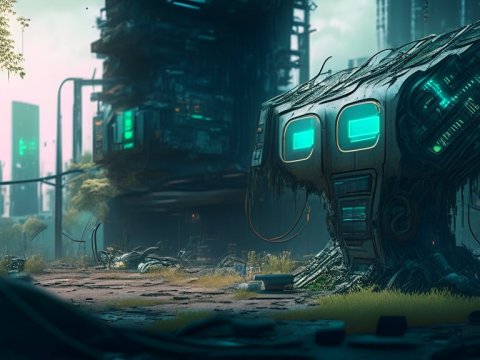 Futuristic Cybernetic Device in Overgrown Urban Ruins