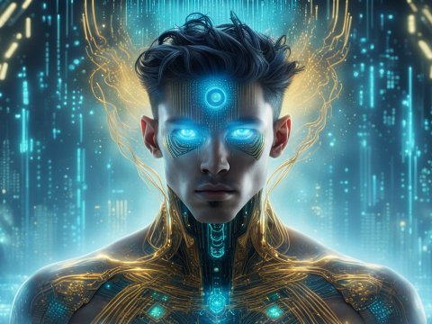 Futuristic Cybernetic Human with Glowing Blue Eyes