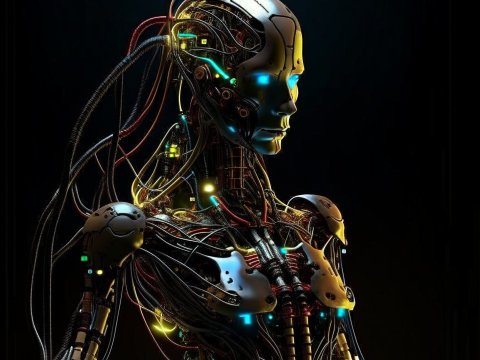 Futuristic Cybernetic Humanoid with Illuminated Circuits