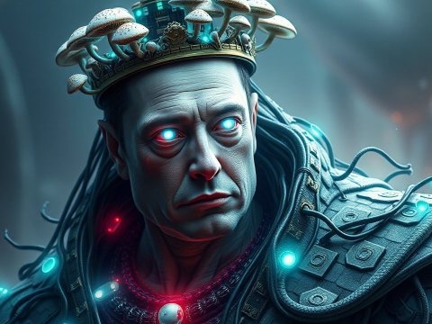 Futuristic Cybernetic Monarch with Glowing Eyes and Mushroom Crown