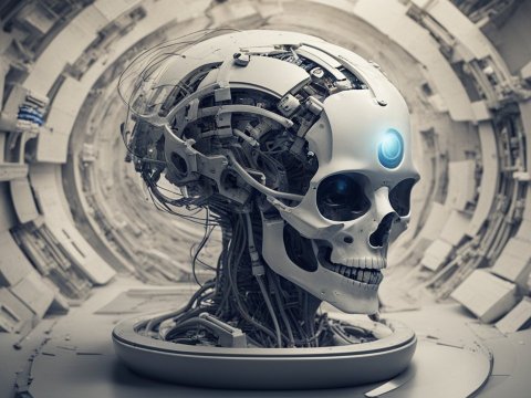 Futuristic Cybernetic Skull with Illuminated Forehead in Sci-Fi Tunnel