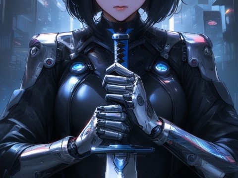 Futuristic Cybernetic Warrior Holding a Sword
